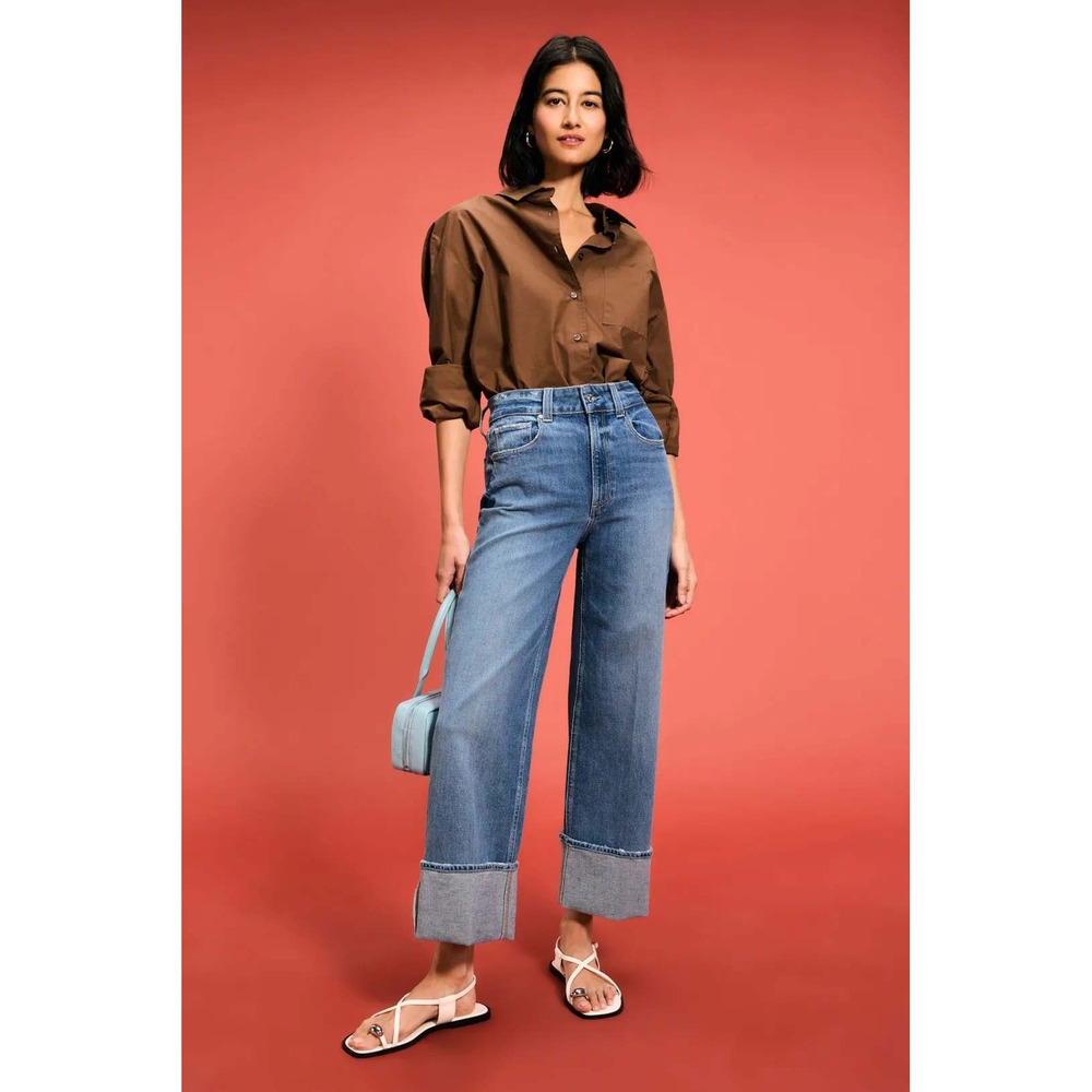 Paige Sasha Ankle Jeans Cuffed Wide Leg Blue High Rise Cropped Denim Womens 27
